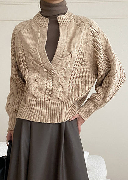 Khaki Cozy Solid Knit Sweaters V Neck Fall AF1047 HS-NTP240914