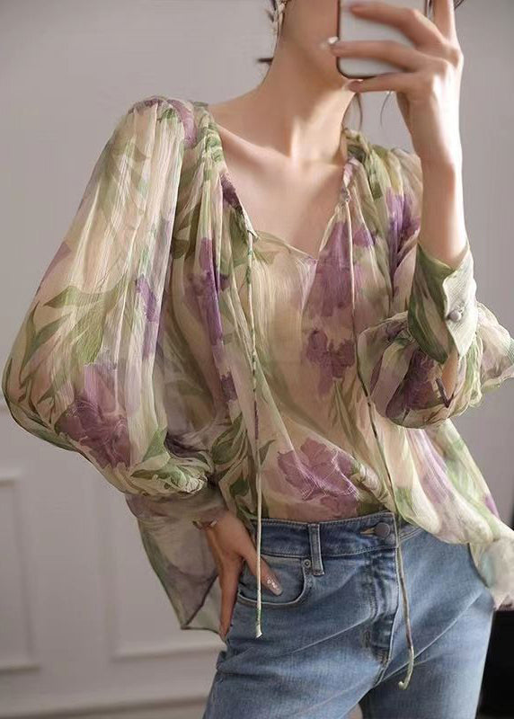 French Green Print Lace Up Chiffon Blouse Long Sleeve EE009 shopify