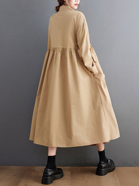 Stylish Black Lapel Buttoned Drawstring Pleated Tied Pockets Sleeves Shirt Dress WS004 shopify