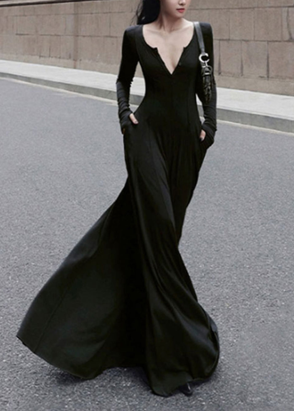 V Spring New Long Fit Black Dress Slim Simple Neck Cotton FashionChic