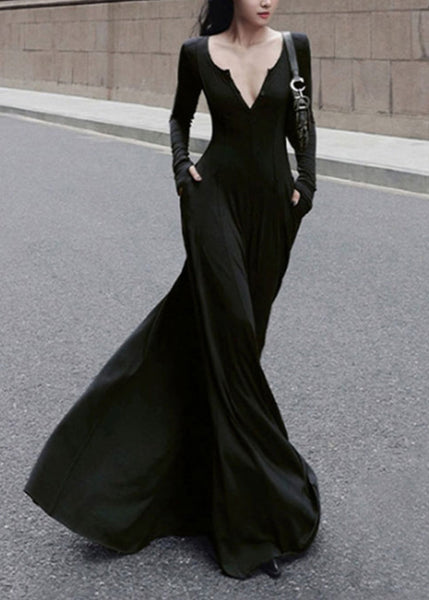 V Spring New Long Fit Black Dress Slim Simple Neck Cotton FashionChic