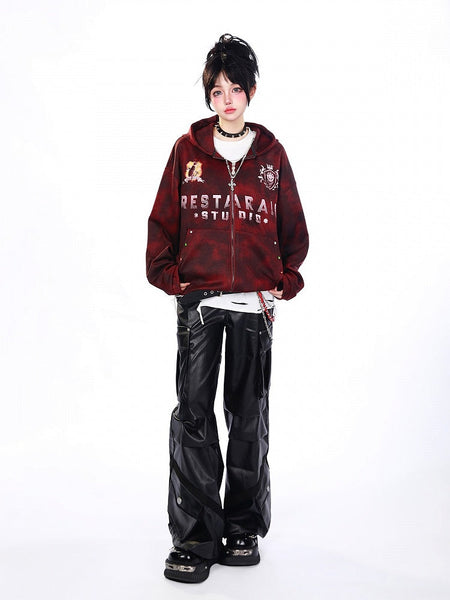 Waistband Pants Techwear Pockets Ruffle Black with Glossy Cargo Partial Tiered Elastic FashionChic