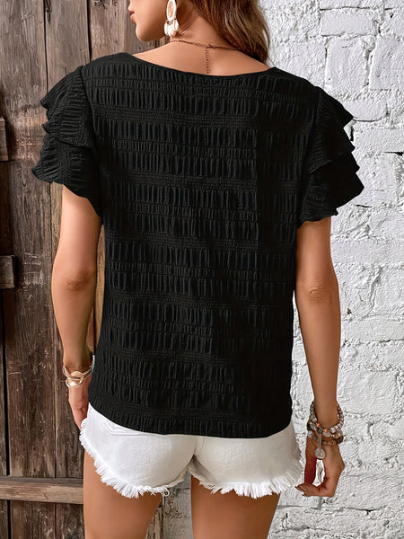 Elegant All-Season Crew Neck Blouse with Timeless Ruffle Detail, Durable & Non-Elastic Fabric - Perfect for Any Occasion Furdela