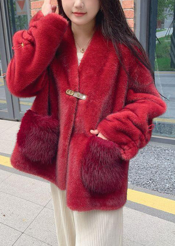 Style Red V Neck Drawstring Thick Mink Velvet Coats Winter WV026 ABC