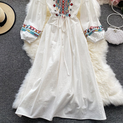 Ethnic Yellow Crew-neck Embroidery Raglan Long Puff Sleeve A-line Dress AR1006 shopify