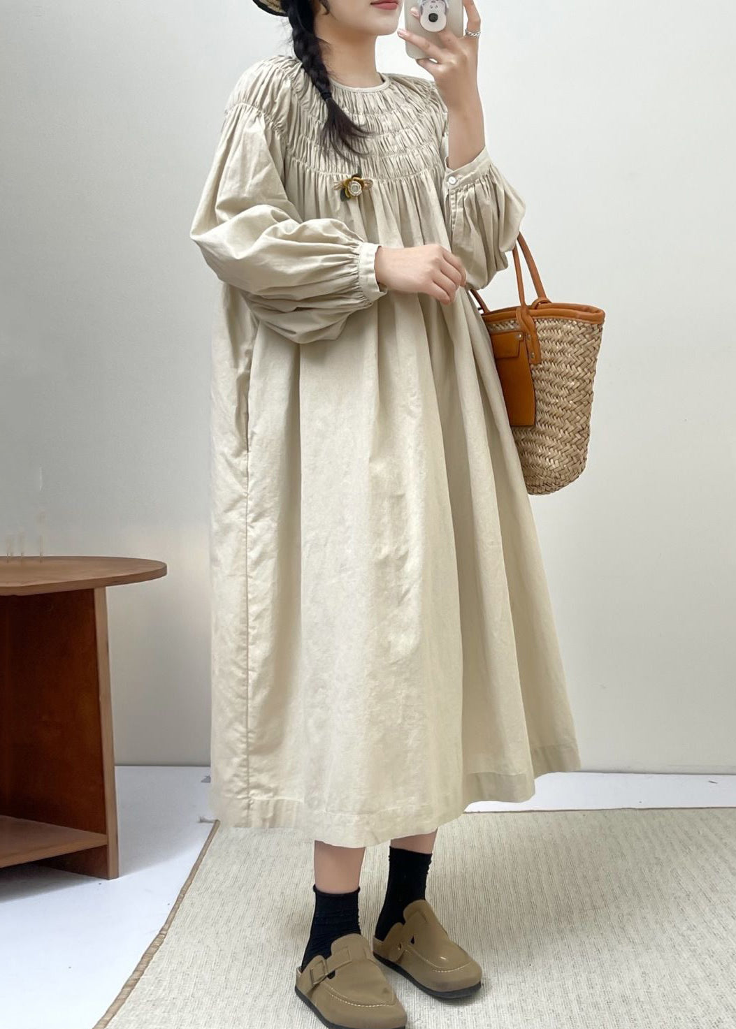 Beige Solid Cotton Dresses Lace Up Long Sleeve NN044 shopify