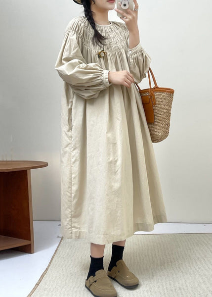 Beige Solid Cotton Dresses Lace Up Long Sleeve NN044 shopify