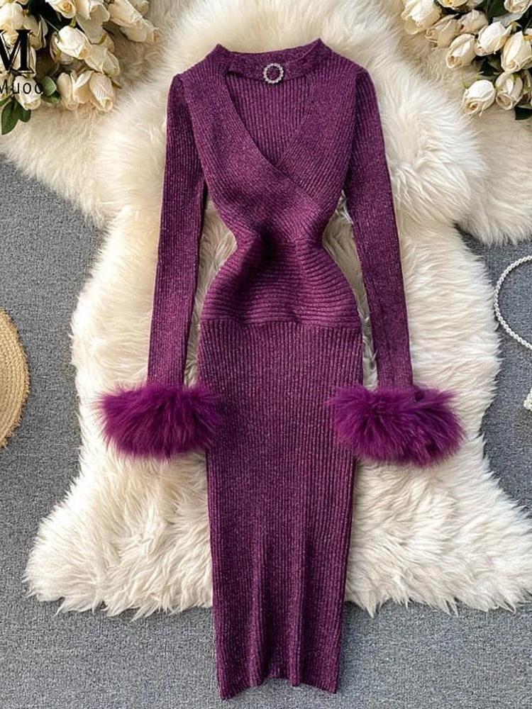 Modern Purple V-neck Hollow Out Halter Long Sleeve With Fur Knit Dress AR1009 shopify