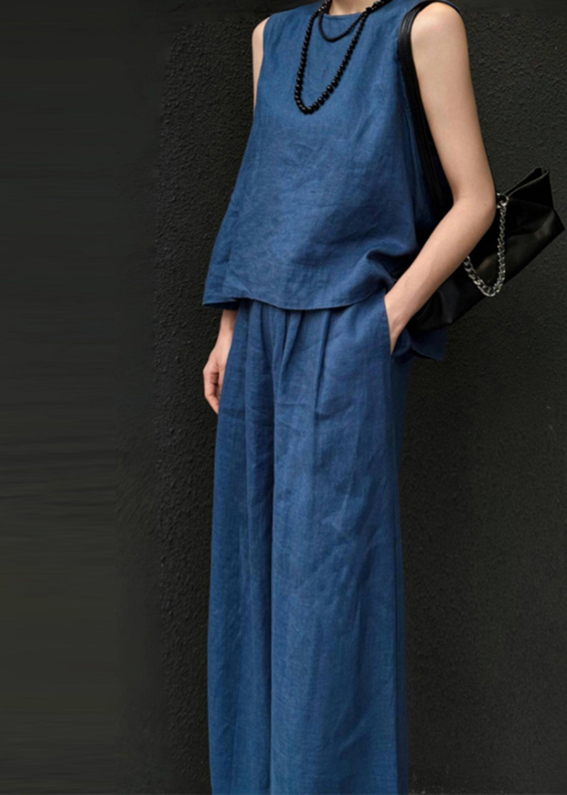 Women Blue Linen Vest And Wide Leg Pants Two Pieces Set Sleeveless AN1026 Genistyle Shop