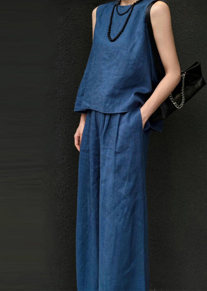 Women Blue Linen Vest And Wide Leg Pants Two Pieces Set Sleeveless AN1026 Genistyle Shop