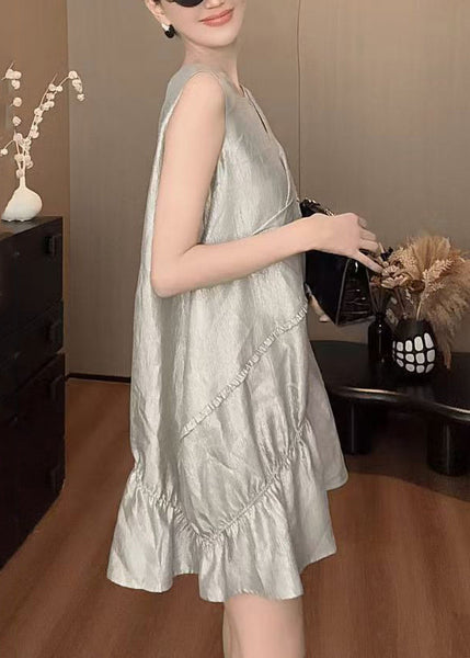 New Grey O Neck Solid Cotton Mid Dress Sleeveless QP035 OL-SDM241001