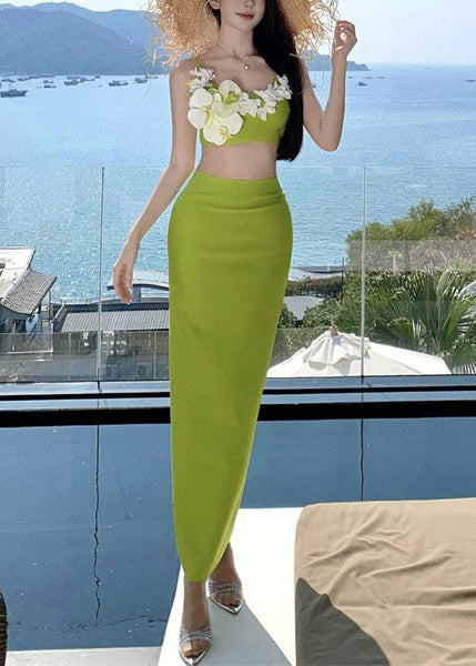 Chic Green Tank Cotton Floral Skirts And Side Set Two-Piece Open FashionChic