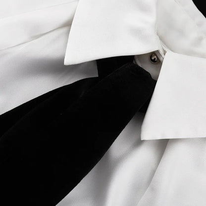 Satin Off Tie Top Sleeve Party Long Shoulder Lapel White with FashionChic