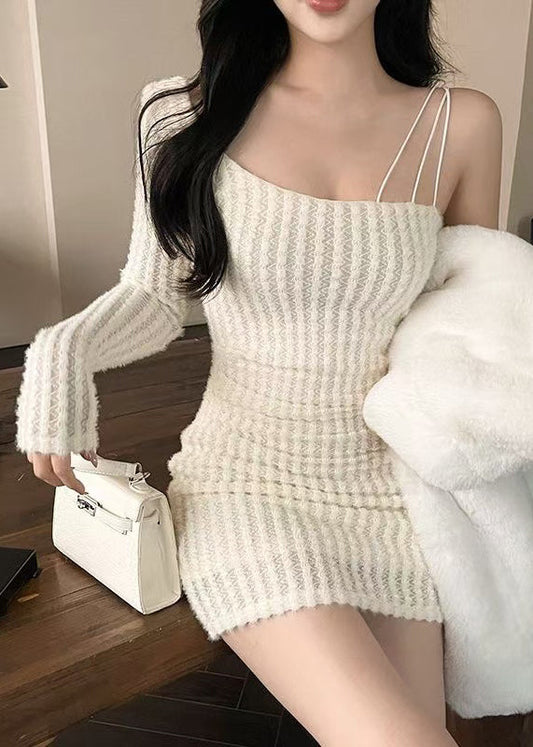 Fit Slim Spring Solid White Dress Asymmetrical Knit Mid FashionChic