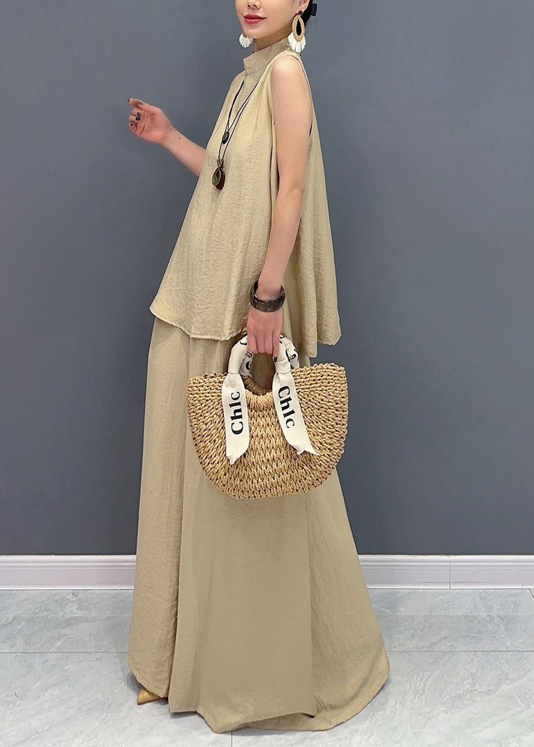 Loose Camel Tops And Wide Leg Pants Cotton Two Pieces Set Sleeveless AO1061 JDML-TPIEC240909