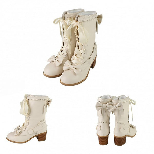 with Hem Bow Sweet Beige Mid-Heel Design in PU Leather Scalloped Matte Boots FashionChic