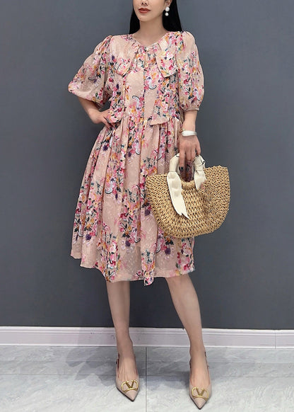 French Pink Print Fake Two Pieces Long Dress Summer AO1030 JDML-SDL240909