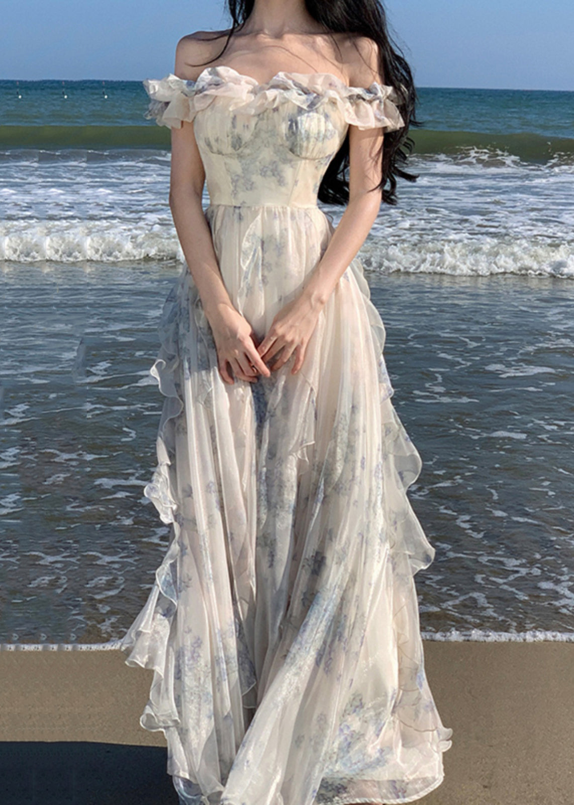 Fashion Ruffled Print Patchwork Chiffon Long Dresses Summer TT1020 shopify