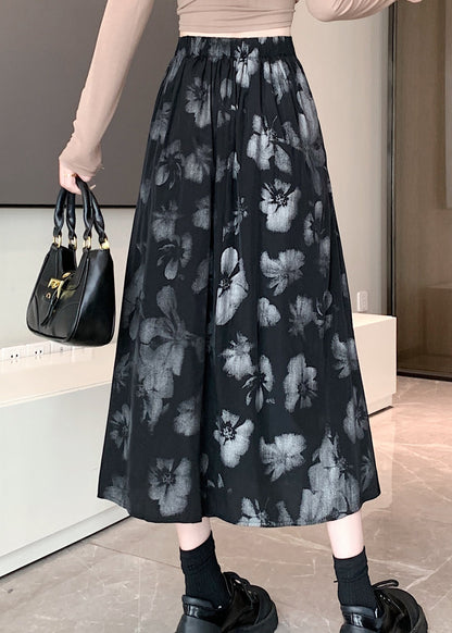 New Retro Black Print High Waist Cotton Pleated Skirt Spring TT1035 shopify