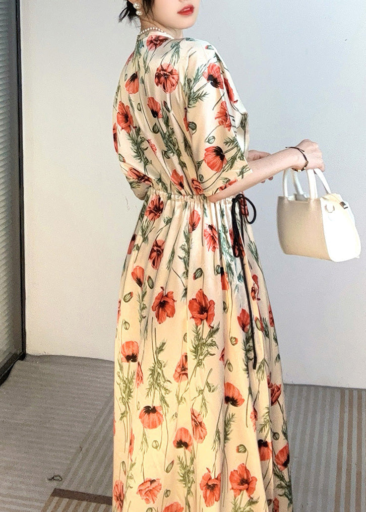 Handmade Apricot V Neck Print Cinched Holiday Long Dress Summer AO1028 JDML-SDL240909