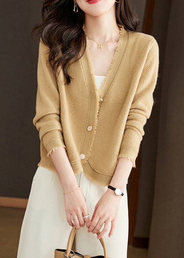 New Beige V Neck Button Solid Wool Knit Cardigan Fall RY020 ABC