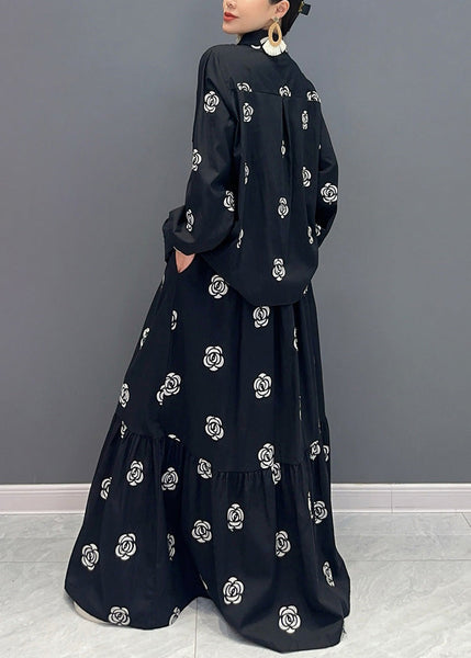 Boutique Black Stand Collar Print Patchwork Cotton Two-Piece Set Fall AO1016 JDML-TPIEC240909