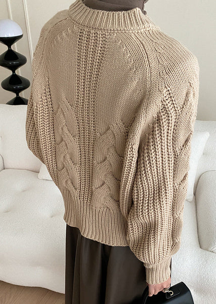 Khaki Cozy Solid Knit Sweaters V Neck Fall AF1047 HS-NTP240914