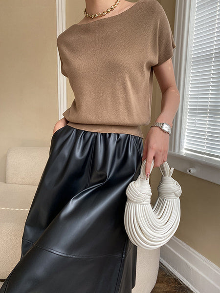 Pink Sleeve Top Short Knit Boat Loose Neck Stylish FashionChic