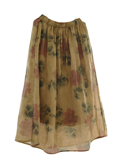 Women Summer Vintage Flower Worn Ramie Loose Skirt II1029 MH