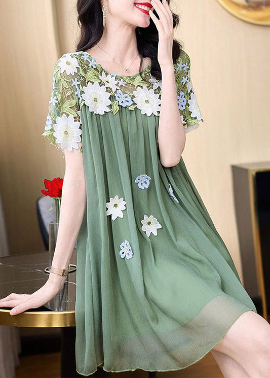 Boho Green O-Neck Embroidered Patchwork Tulle Mid Dresses Short Sleeve AZ1018 shopify