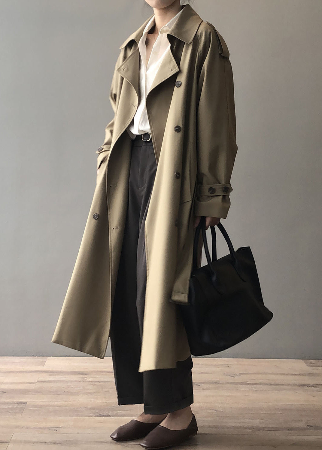 Classy Grey Peter Pan Collar Double Breast Pockets Trench Fall WD021 HS-TCT241103