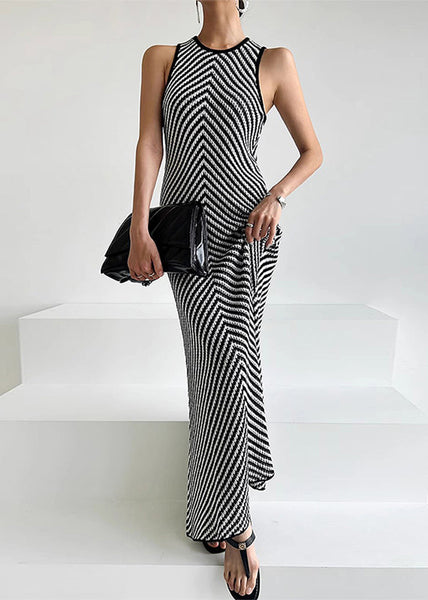 Knit Striped Sleeveless Dress Black Fit Ankle Silm FashionChic