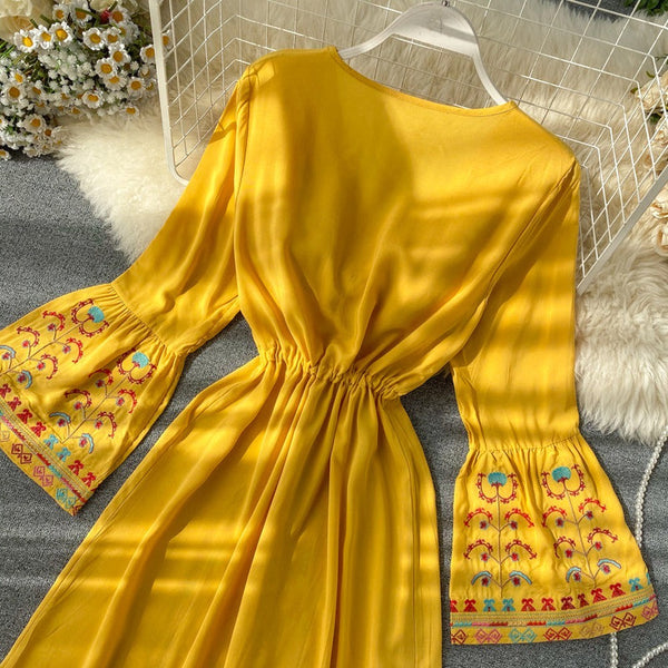 Ethnic Yellow V-Neck Embroidery Drawstring Waist Trumpet Sleeve Dress AR1008 shopify