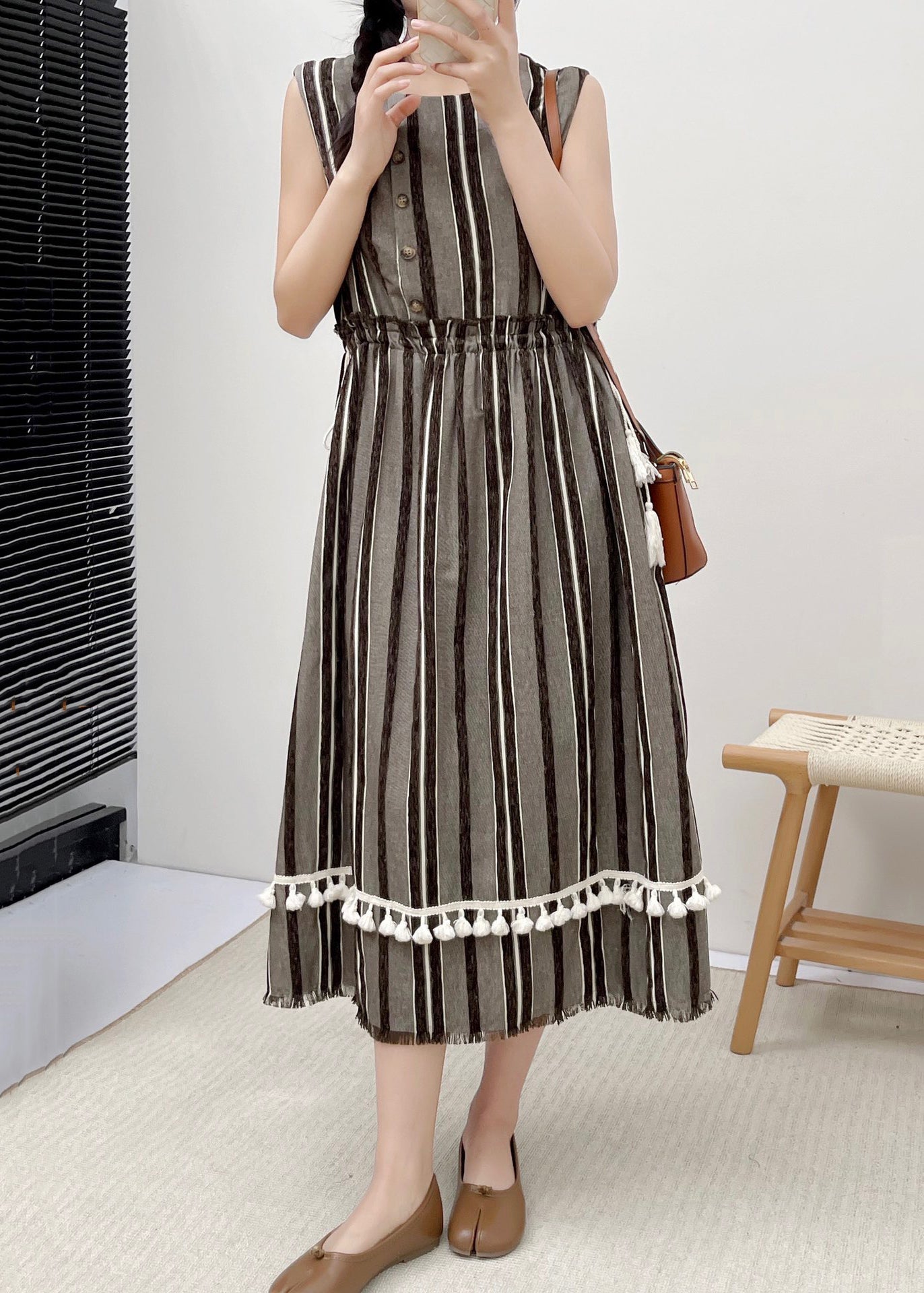 New Striped Ruffled Pockets Lace Up Cotton Dress Sleeveless NN029 shopify