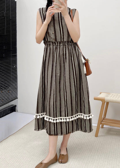 New Striped Ruffled Pockets Lace Up Cotton Dress Sleeveless NN029 shopify