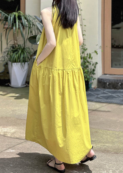 Elegant Yellow Pockets Solid Cotton Long Dress Sleeveless AF1043 HS-SDL240914