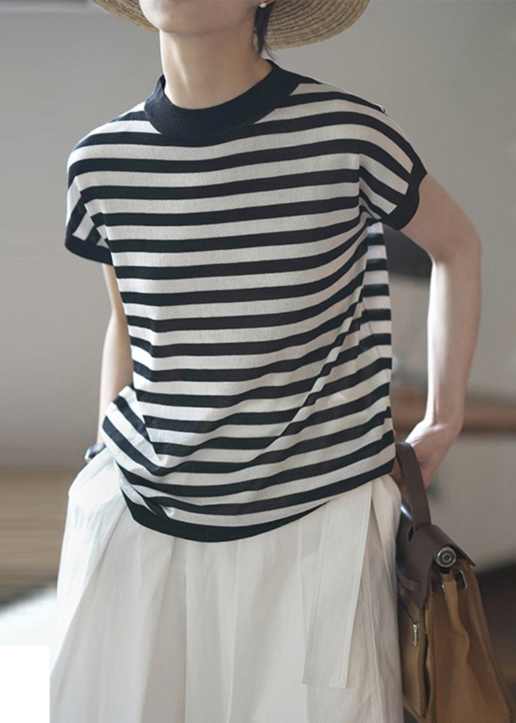 Collar Stand Tanks Striped Summer Women Cotton Red FashionChic