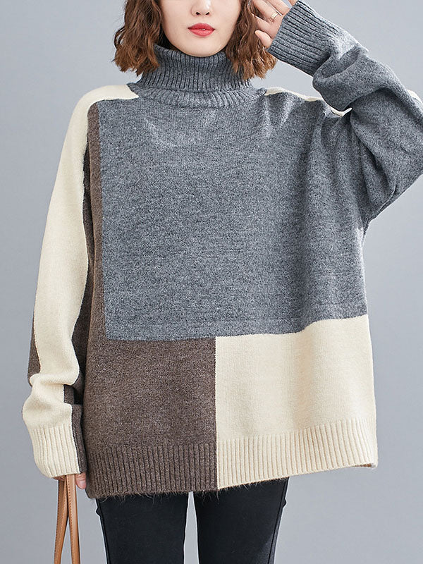 Stylish Grey High-Neck Color-block Long Sleeve Knit Sweater AN1043 Genistyle Shop