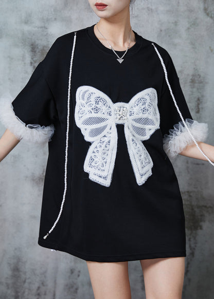 Modern Black Bow Embroideried Patchwork Cotton Tops Summer PZGY-STP240826