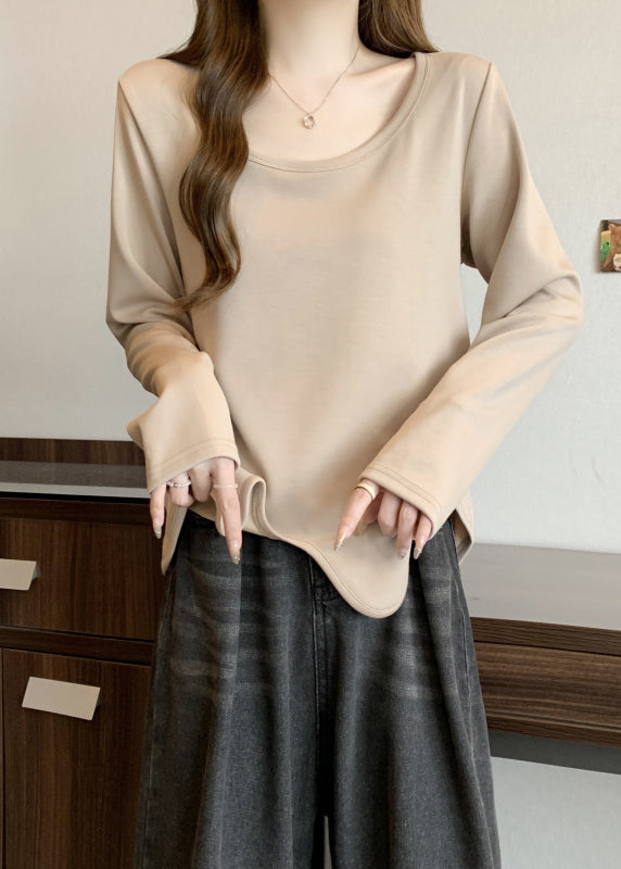 Simple Khaki O Neck Asymmetrical Design Cotton T Shirts Fall QC044 shopify