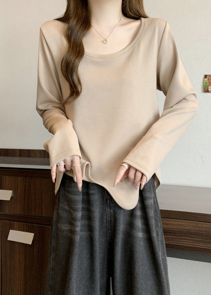Simple Khaki O Neck Asymmetrical Design Cotton T Shirts Fall QC044 shopify