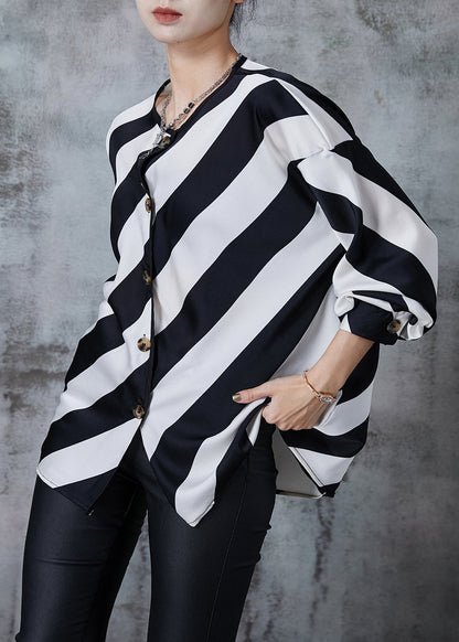 Elegant Black White Striped Oversized Chiffon Shirts Spring PZGY-LTP240826