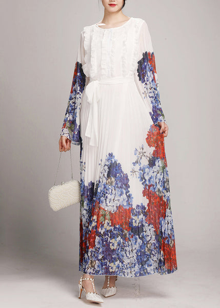 Fashion White O-Neck Ruffled Patchwork Tie Waist Chiffon Long Dress Long Sleeve AO1034 JDML-FDL240909