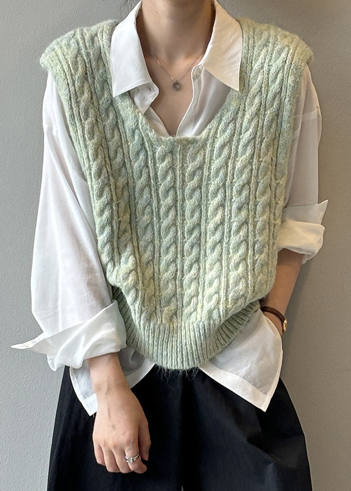 Women Light Green U Neck Cable Knit Vest Sleeveless WD001 HS-VTP241103