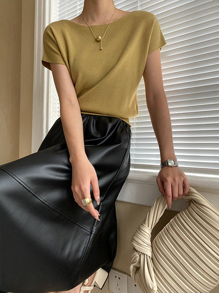 Pink Sleeve Top Short Knit Boat Loose Neck Stylish FashionChic