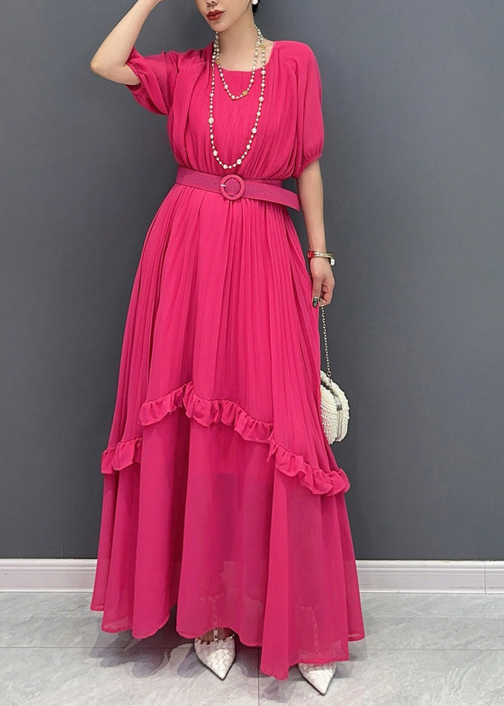 Natural Red Ruffled Patchwork Sashes Chiffon Long Dress Summer AO1047 JDML-SDL240909