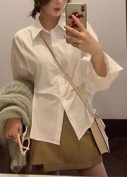 White Loose Pan Peter Button Collar Cotton Blouse Patchwork FashionChic