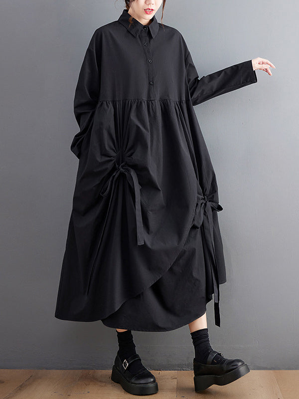 Stylish Black Lapel Buttoned Drawstring Pleated Tied Pockets Sleeves Shirt Dress WS004 shopify