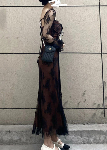 French Black Square Collar Patchwork Lace Long Dress Flare Sleeve AZ1028 shopify