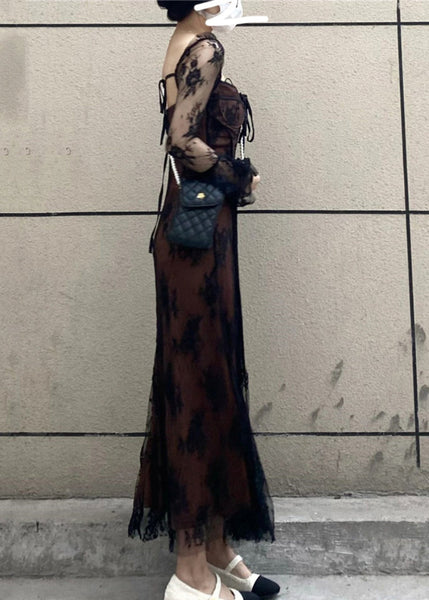 French Black Square Collar Patchwork Lace Long Dress Flare Sleeve AZ1028 shopify